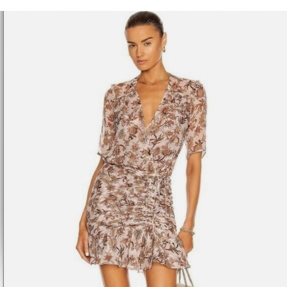 Veronica Beard Dakota Ruched Floral Silk Dress Metallic Tan Brown Mini Size 6 - Picture 7 of 7